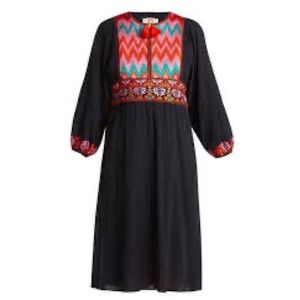 FIGUE Violeta Split-Neck Long-Sleeve Cotton Dress with Embroidery